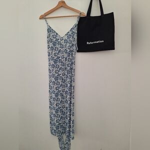 Reformation Blue Floral Dress With Tote Bag